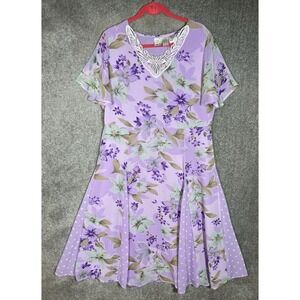 VTG Roamans Maxi Dress Womens Size 14W Purple Green Yellow Floral Polka Dot‎